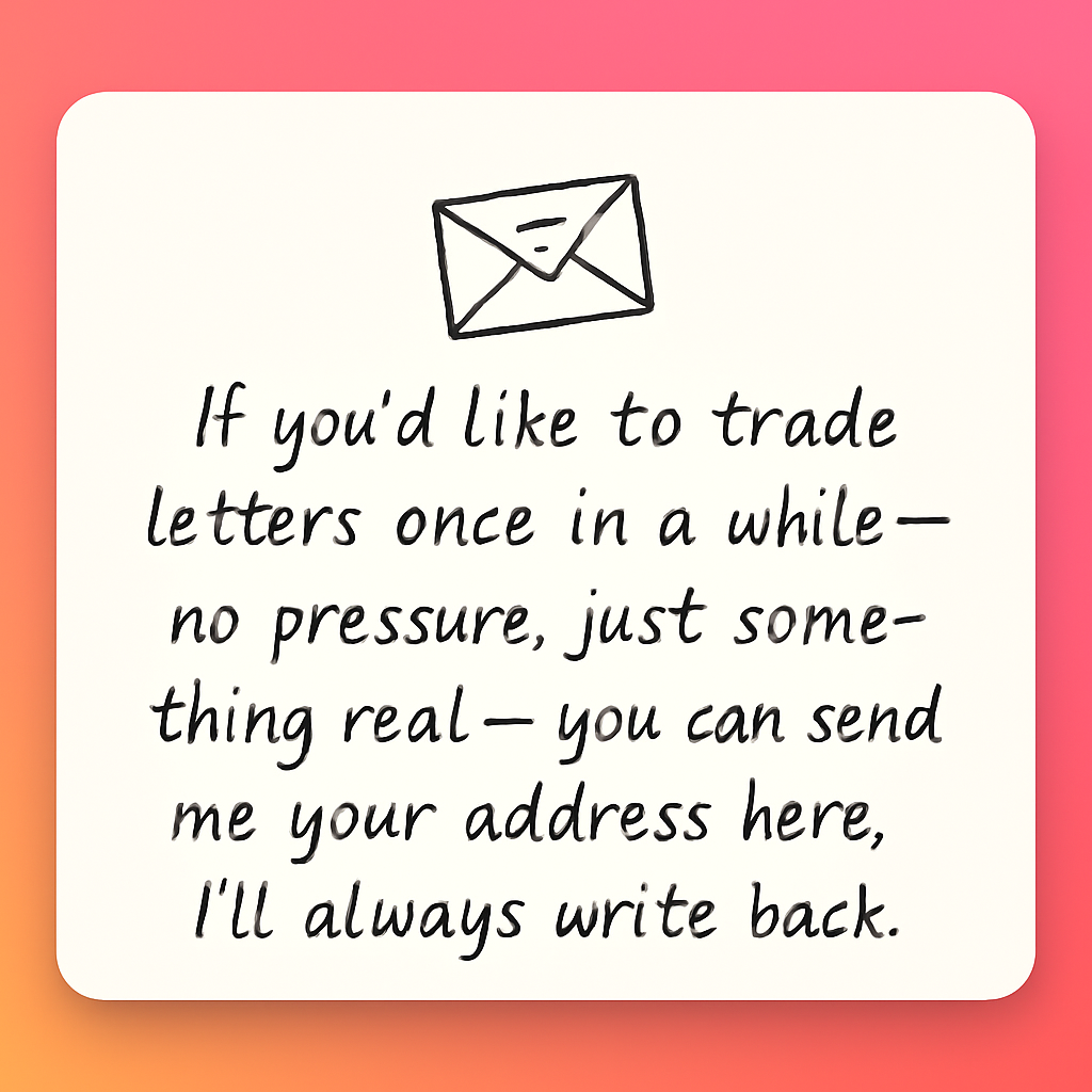 Handwritten card inviting readers to exchange letters with Zach